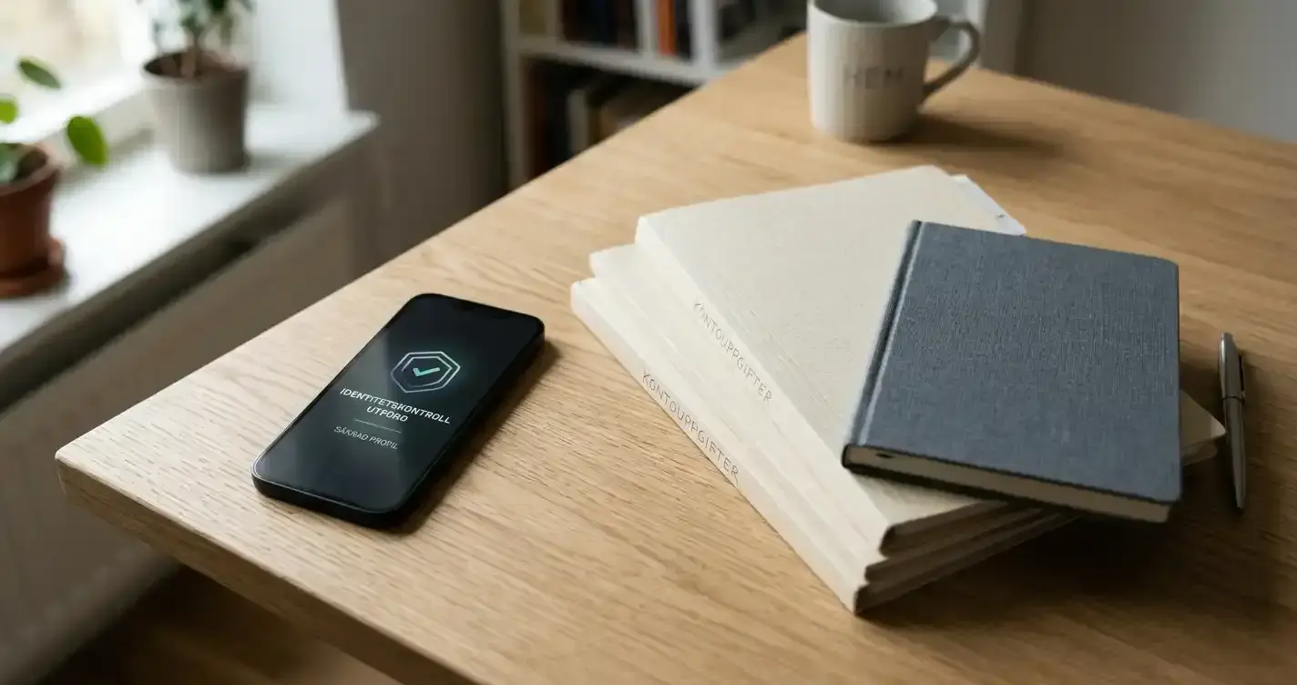 Mobiltelefon med abstrakt identifieringssymbol intill mappar och neutrala dokument