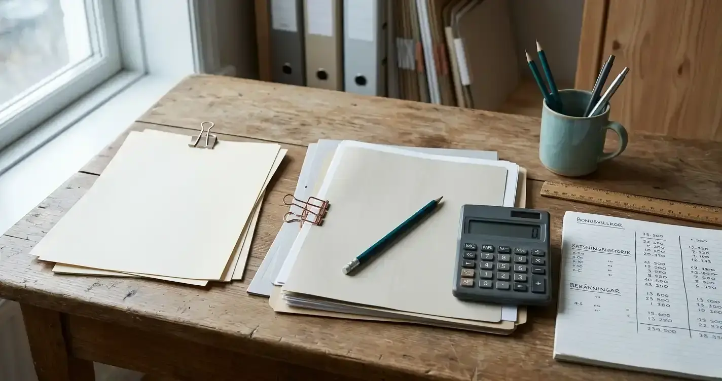 Räknare och pennor bredvid papper med abstrakta matematiska symboler