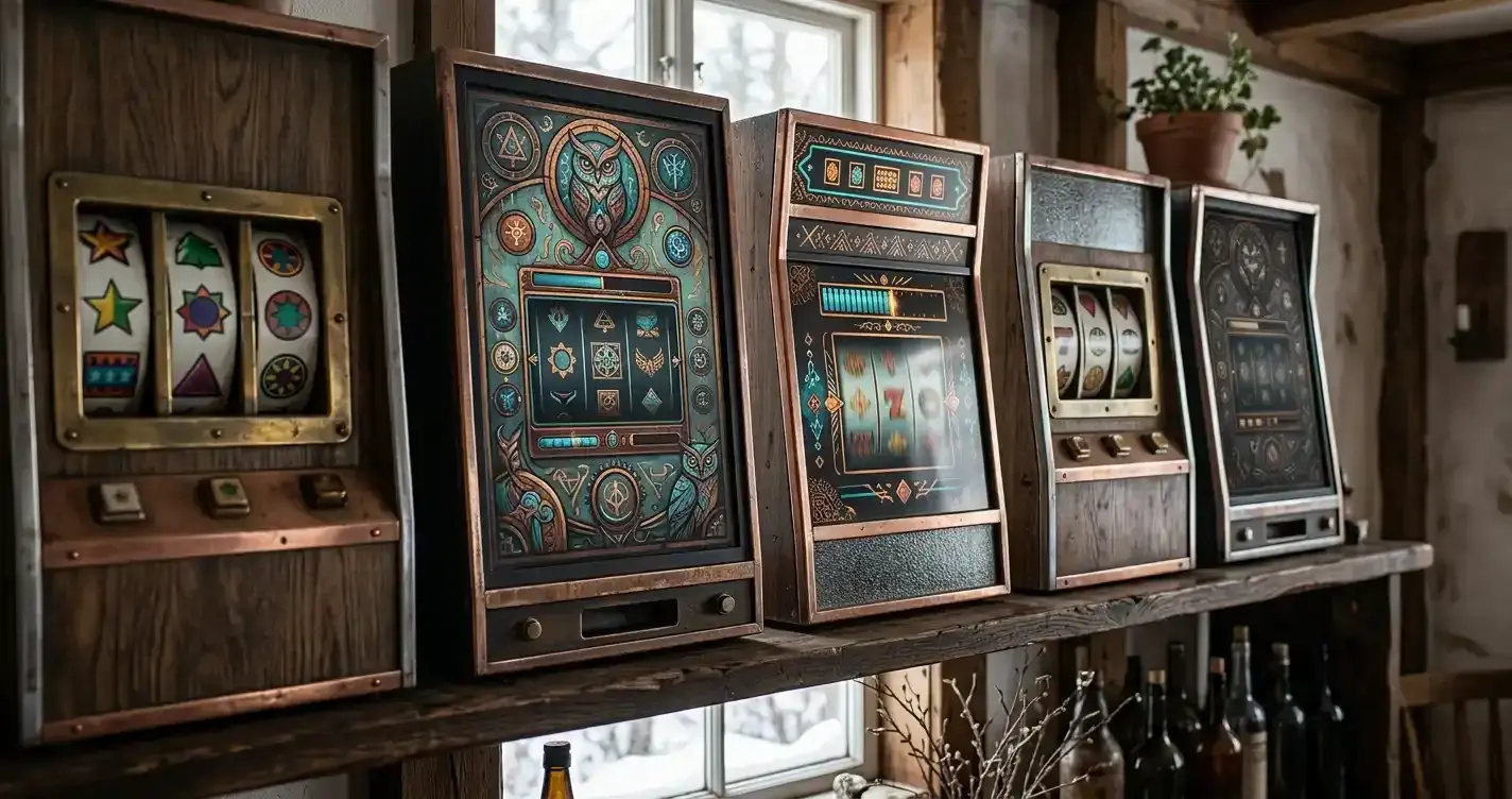 Schematisk rad av färgstarka spelautomater på en mörk digital spelhylla