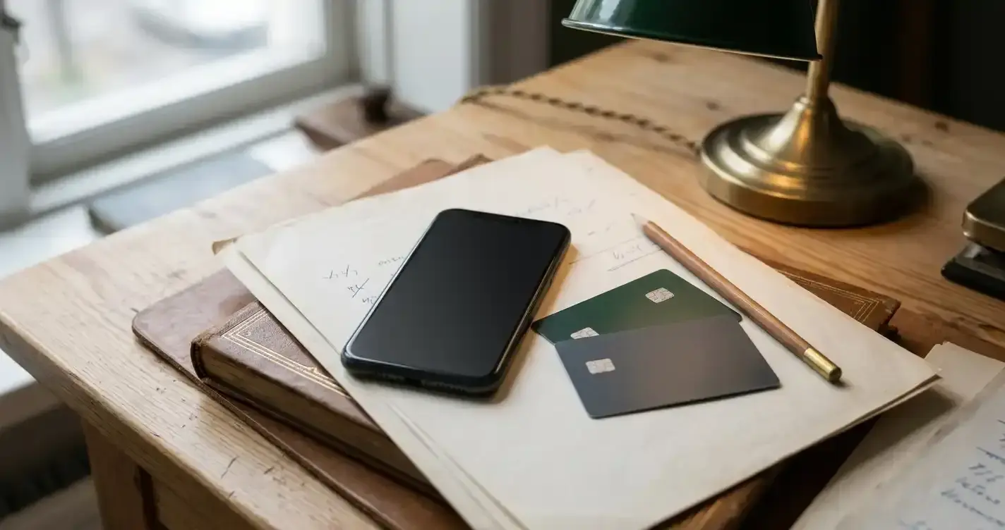 Skrivbord med mobiltelefon, neutrala betalkort och sorterade äldre papper